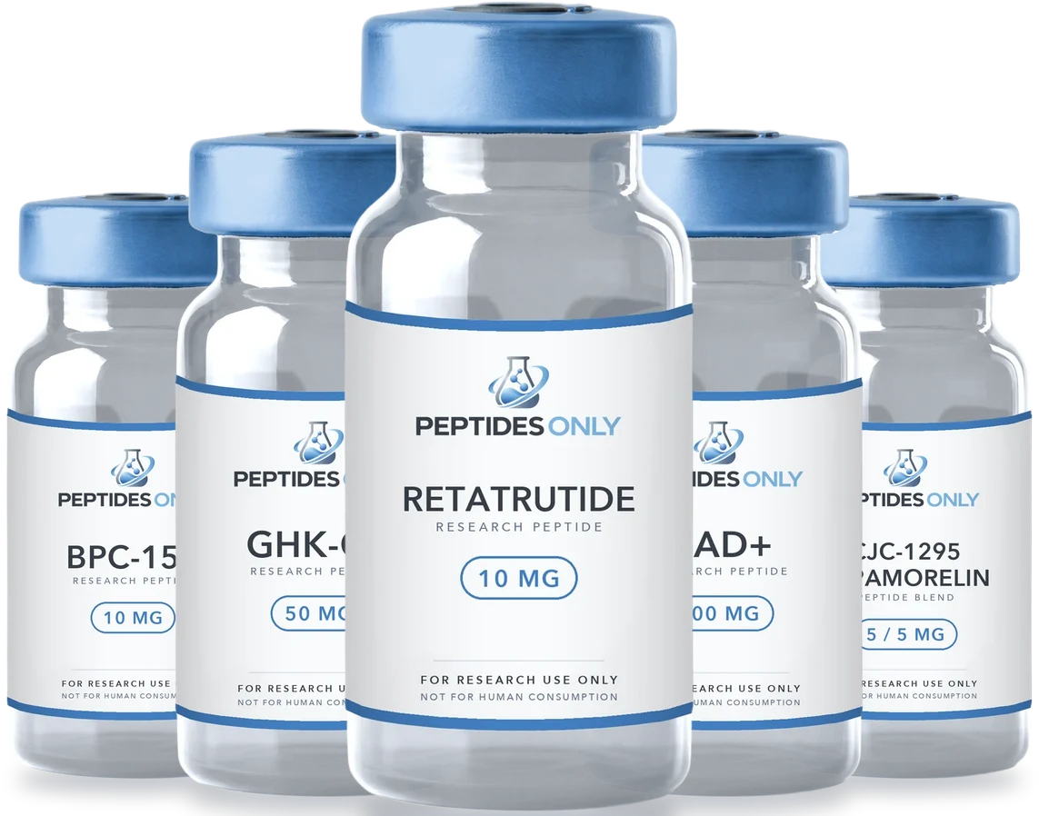 A row of Peptides Only research vials